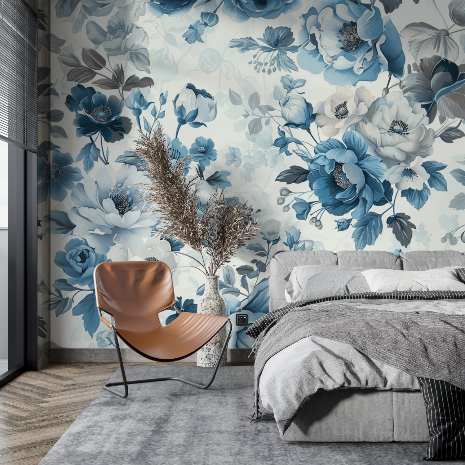 Vintage floral mural in master bedroom with white furniture