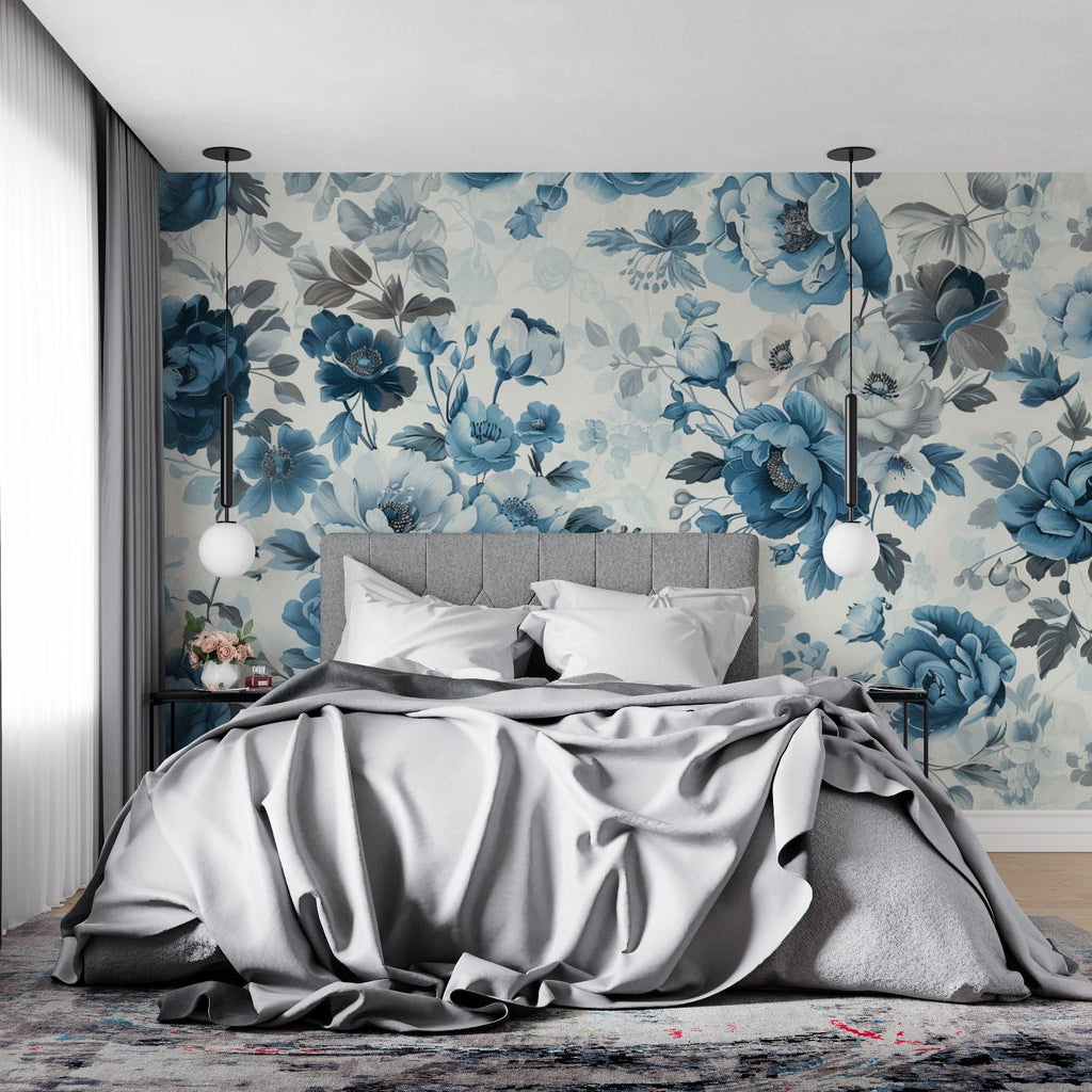 Blue botanical wallpaper in home office with wooden desk