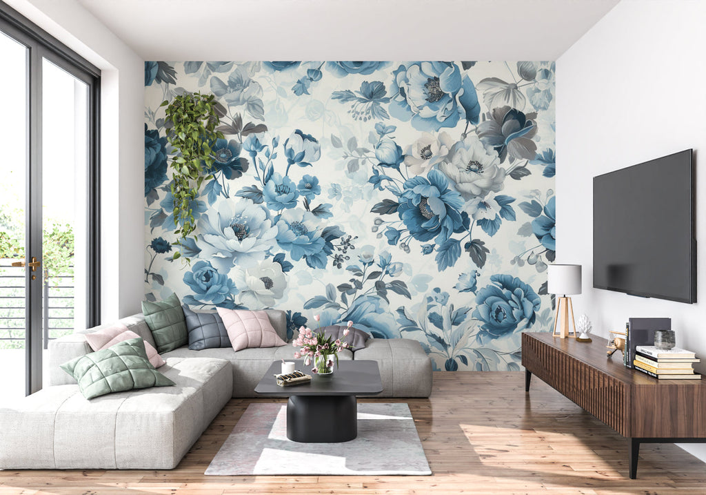 Vintage blue floral wallpaper in dining room with crystal chandelier