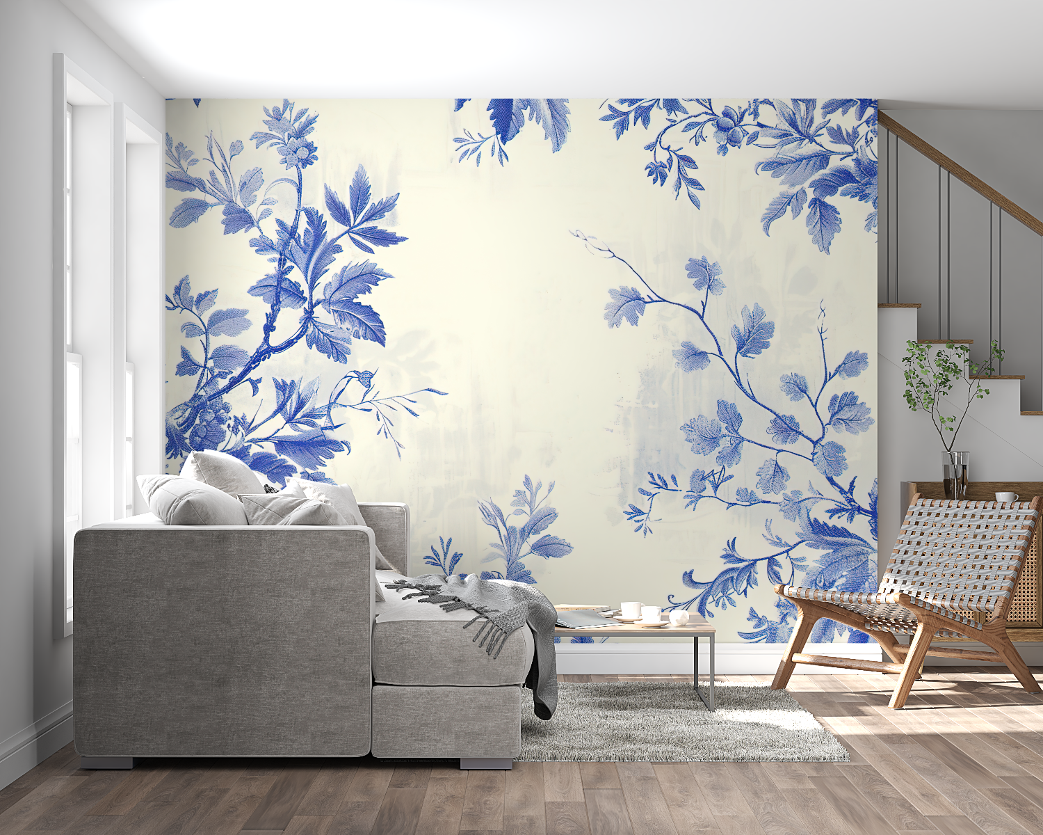 Blue and white floral wallpaper in bright modern living room showing pattern scale and room ambiance