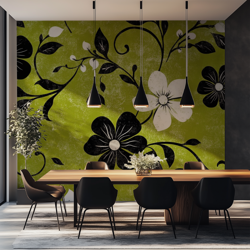 Green floral wallpaper with black and white blooms styled in modern dining room with natural light