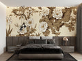 Japanese floral wallpaper in a bright living room setting, showing elegant toile pattern against white furniture