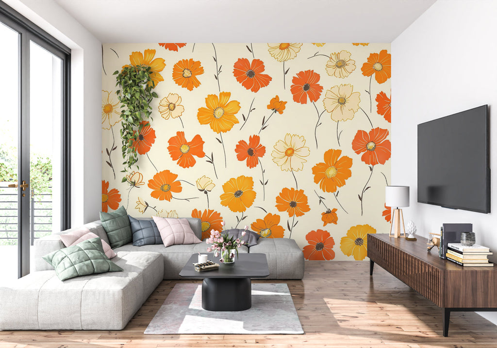 Vintage floral wall mural featuring orange cosmos flowers in cozy bedroom with neutral furniture