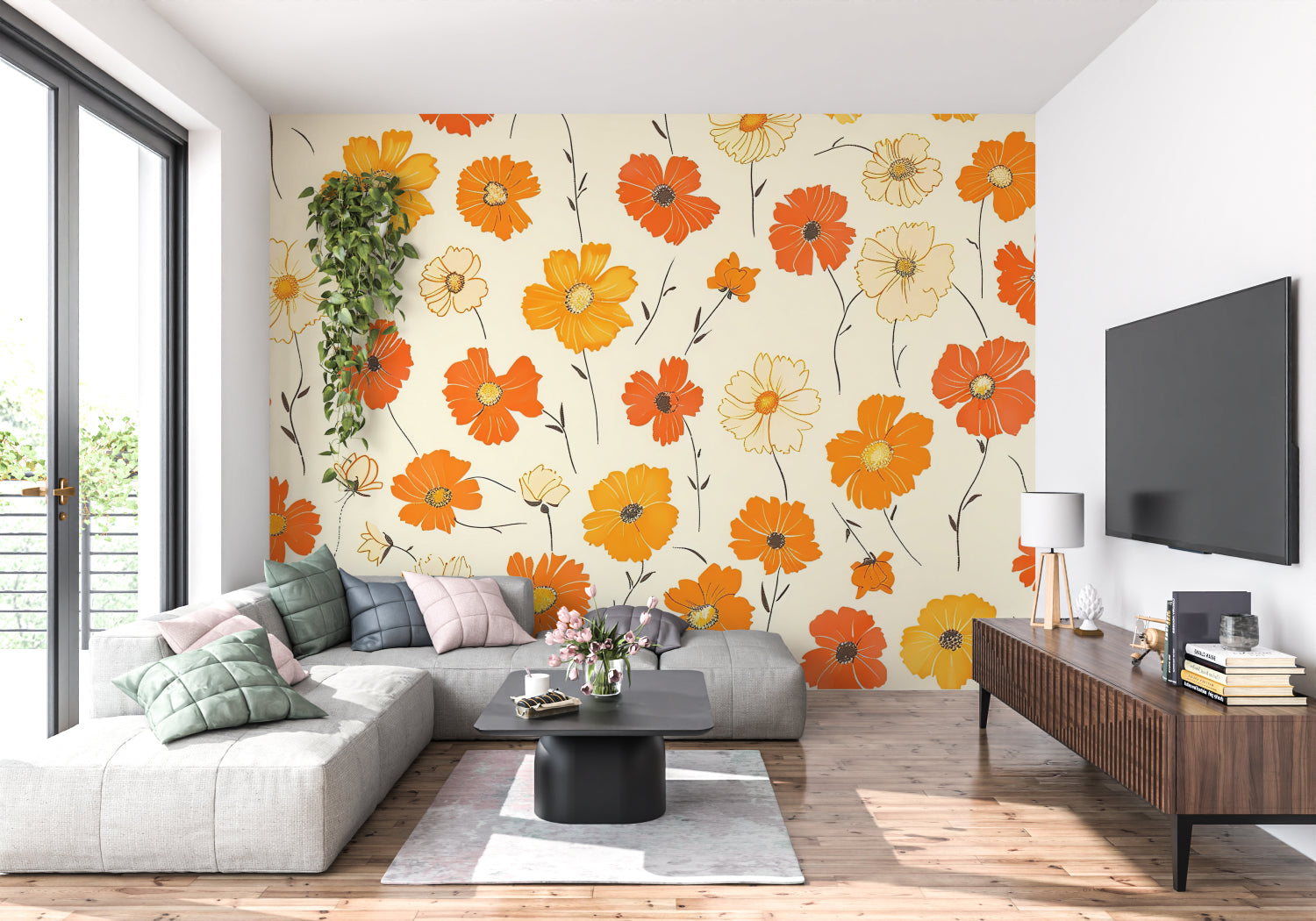 Vintage floral wall mural featuring orange cosmos flowers in cozy bedroom with neutral furniture