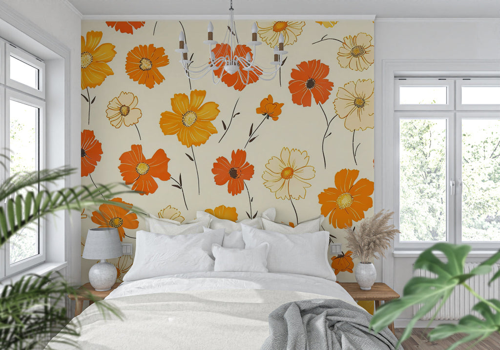 Orange flower wallpaper creating warm atmosphere in dining room with wooden table