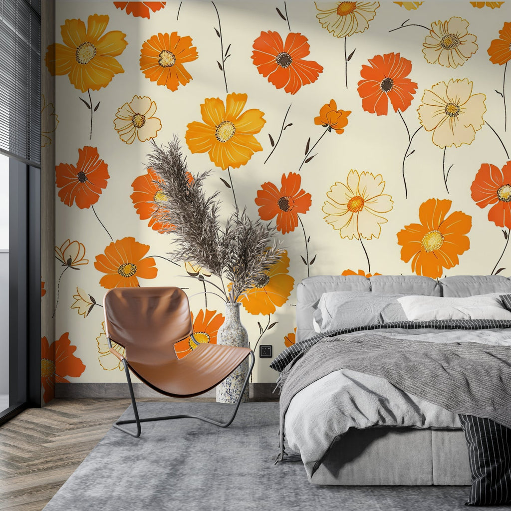 Retro floral pattern wall mural in home office space with desk and natural lighting