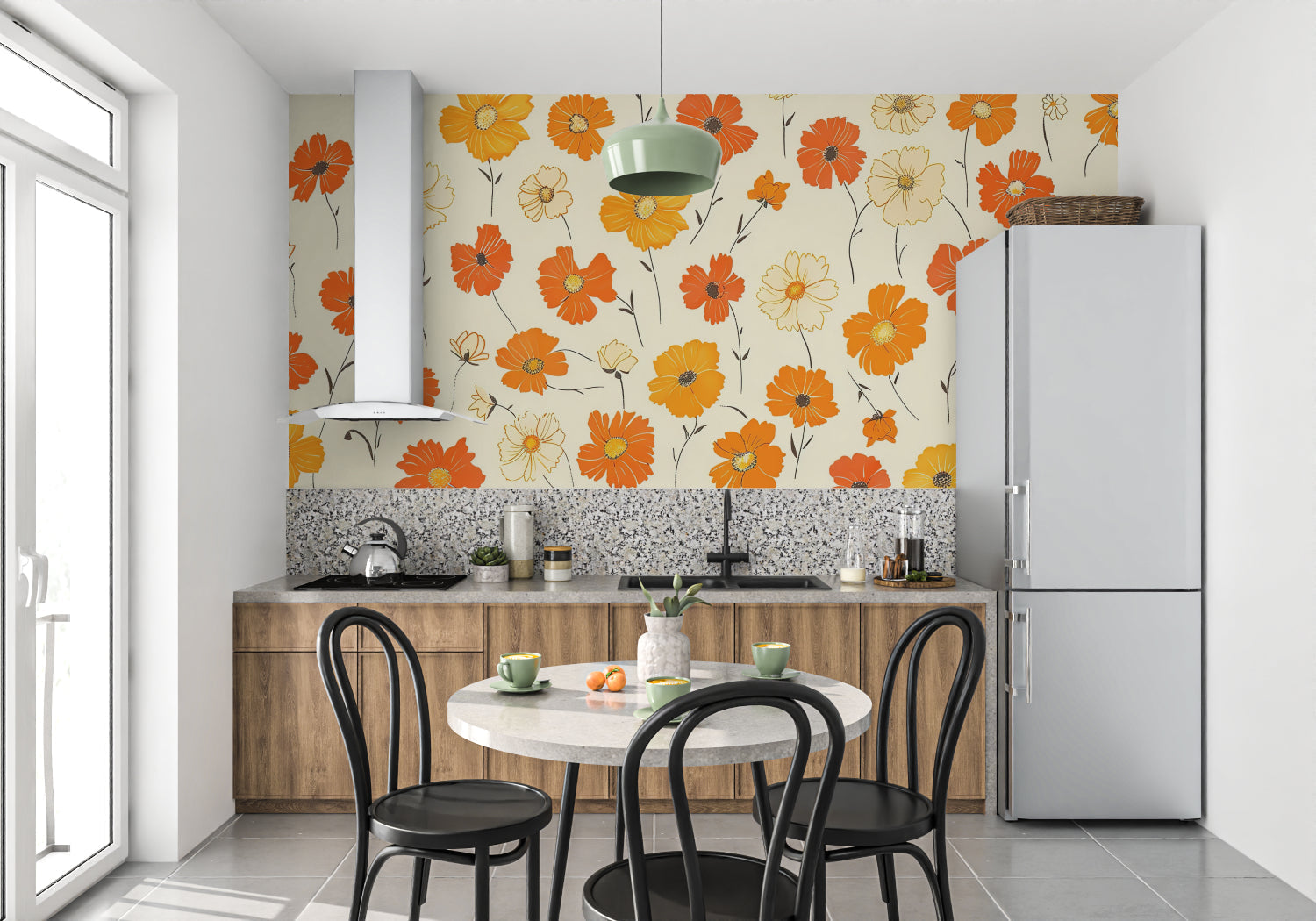 Cosmos flower wallpaper bringing warmth to hallway with minimal decor