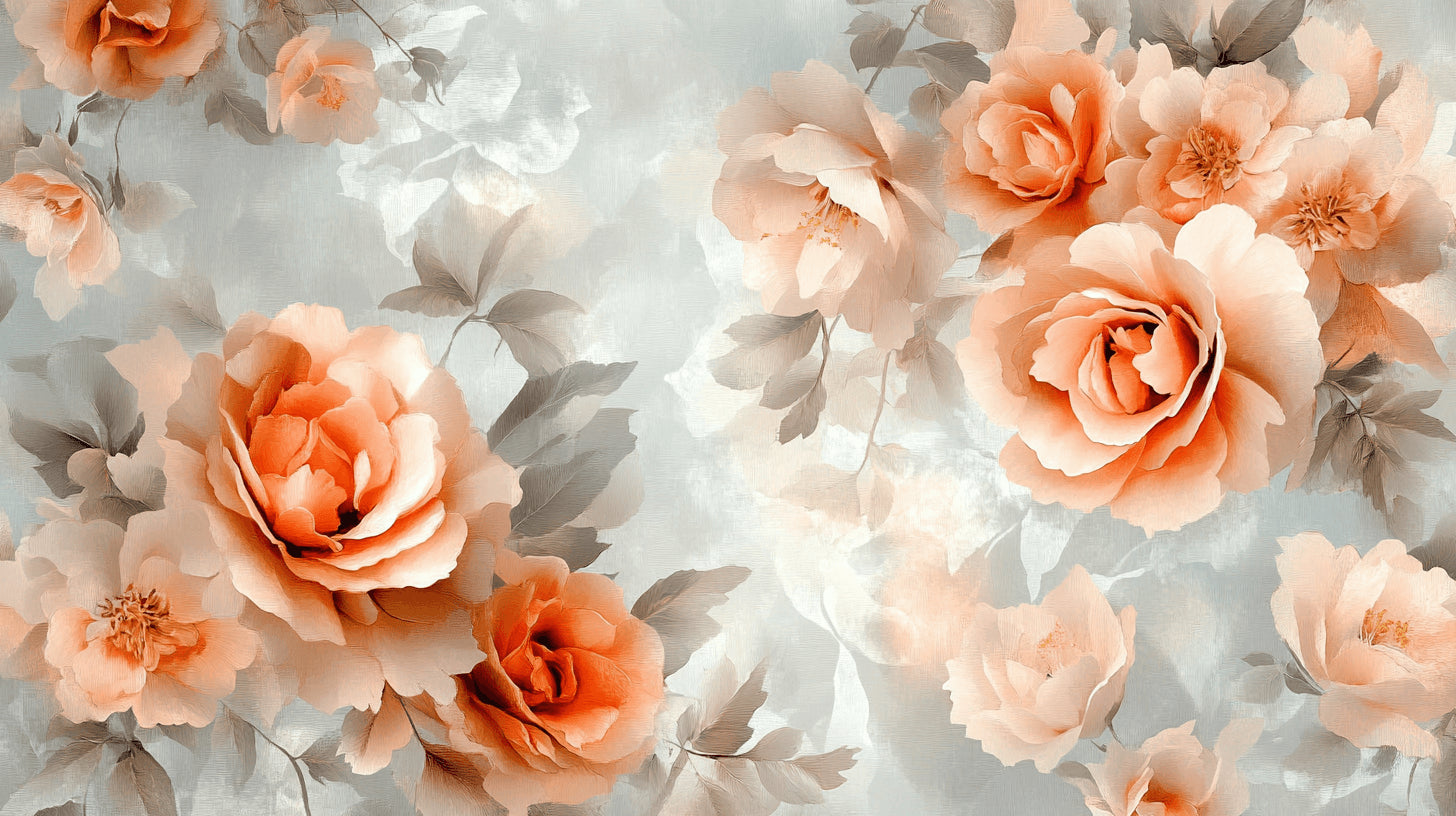 Design file showing peach roses and grey leaves pattern on white background