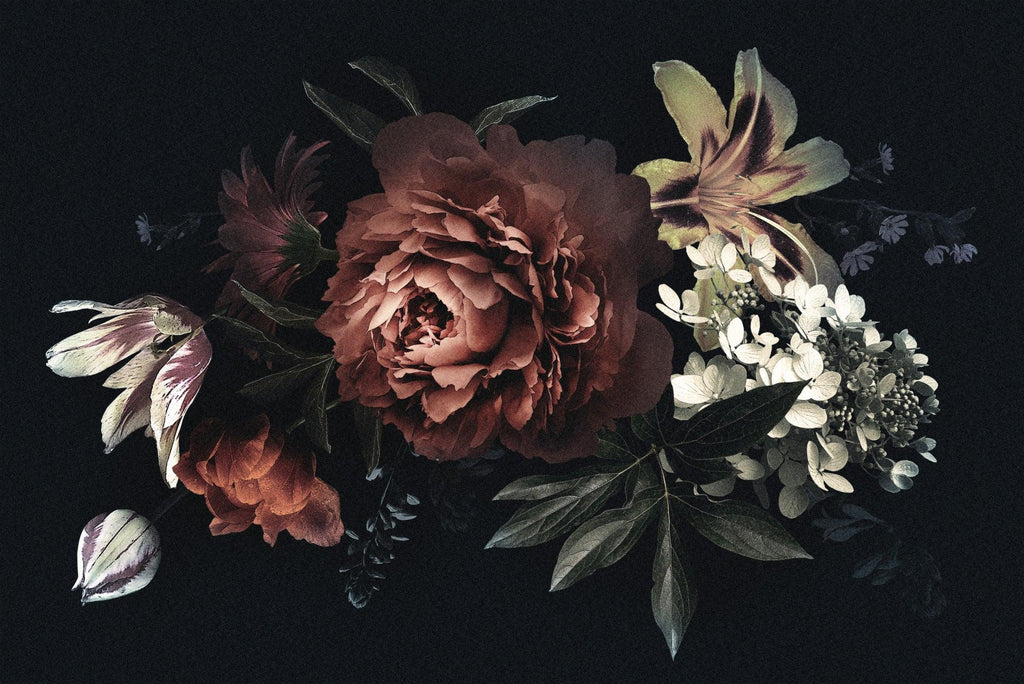 Dark floral wallpaper design file showing detailed peony and lily pattern on black background