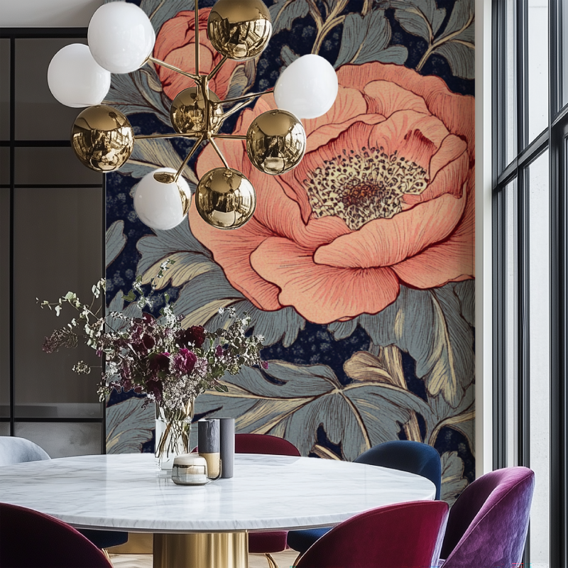 Botanical peony wallpaper transforming home office with brass accents