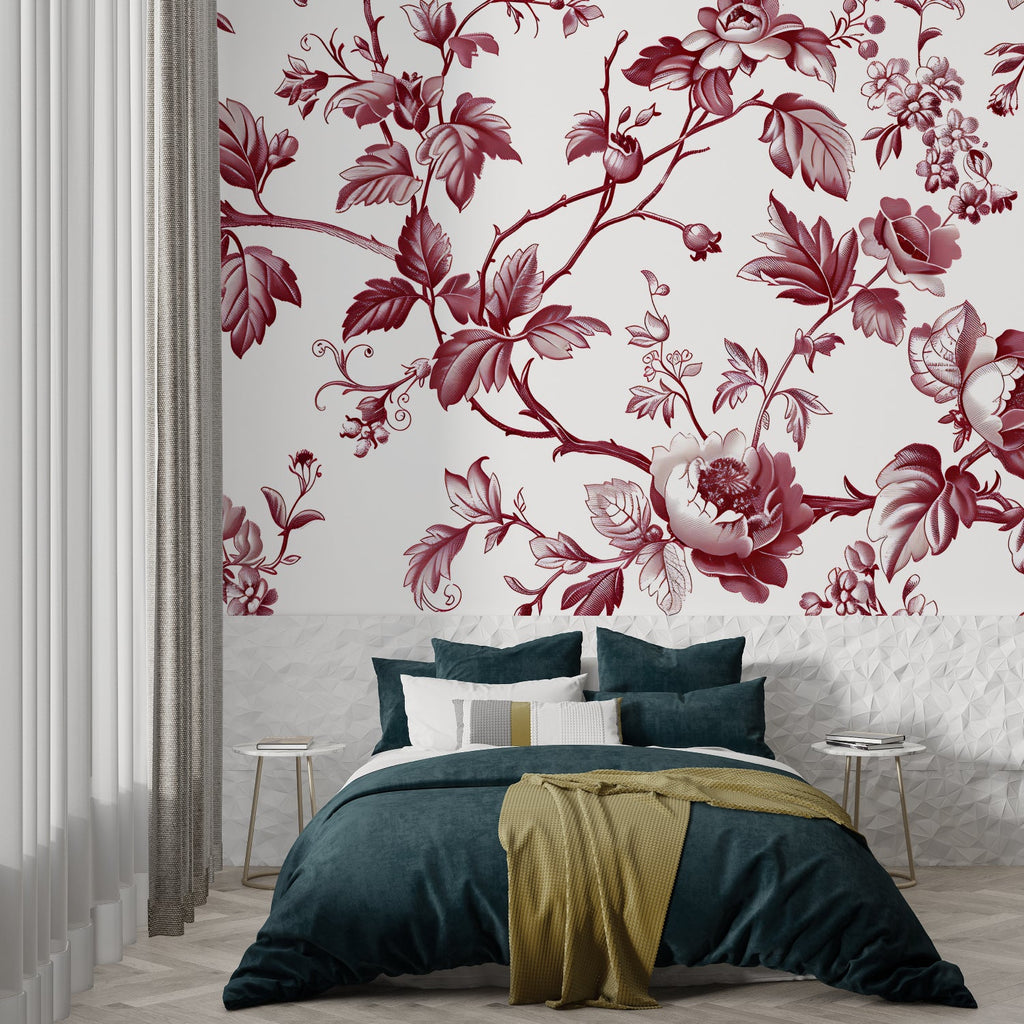 Vintage red floral toile wallpaper in elegant dining room with crystal chandelier