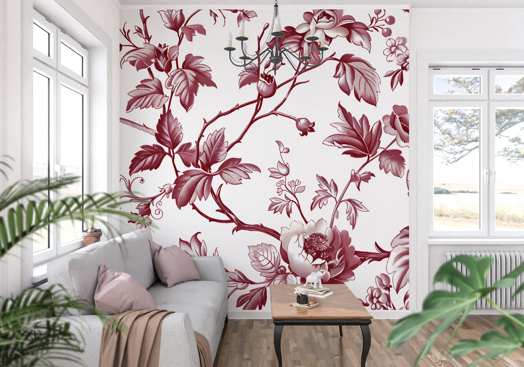 Red toile pattern creating accent wall in contemporary home office