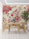 Red Toile de Jouy wallpaper in elegant dining room with crystal chandelier and white wainscoting