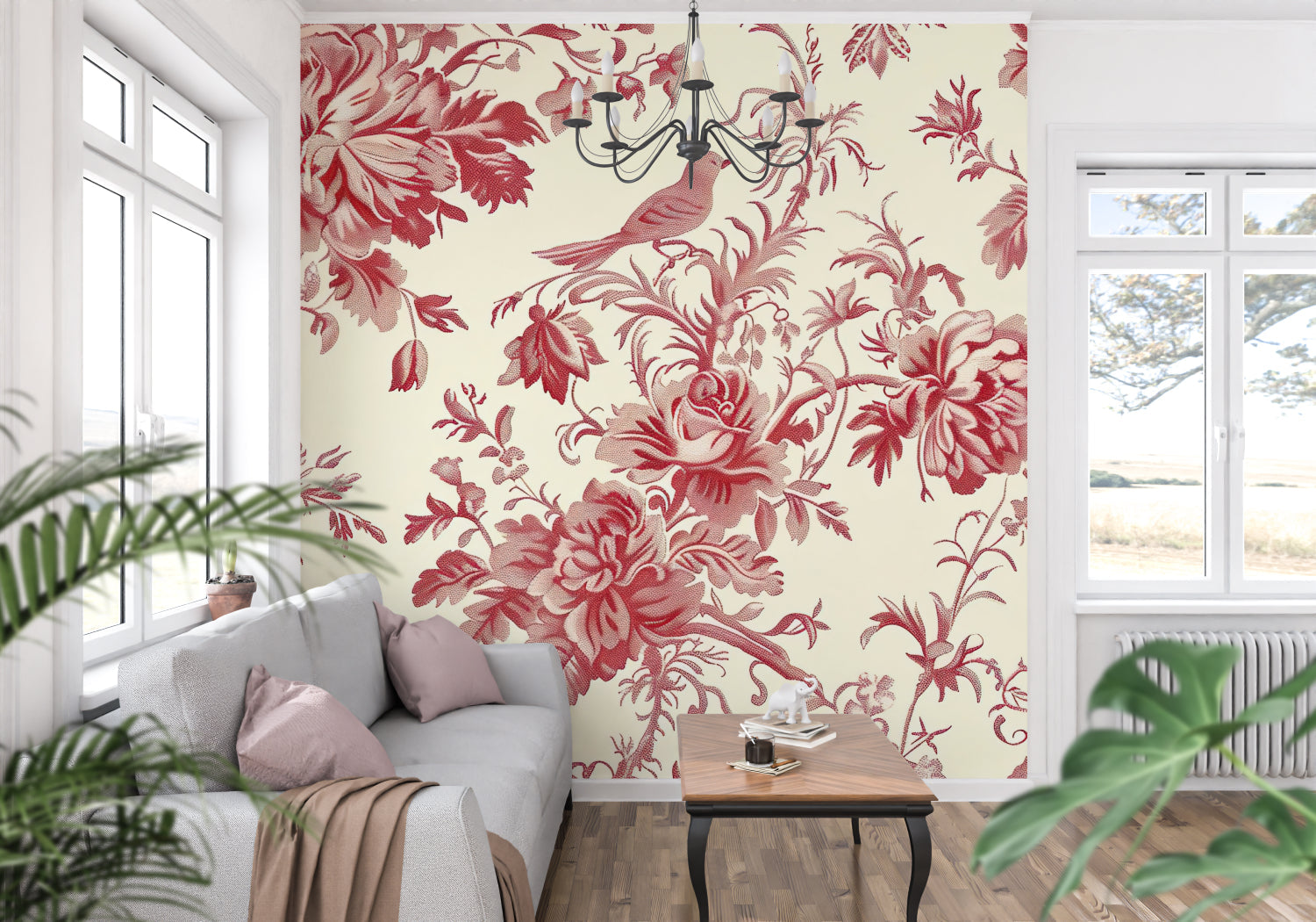 Master bedroom with vintage red toile wallpaper creating romantic atmosphere