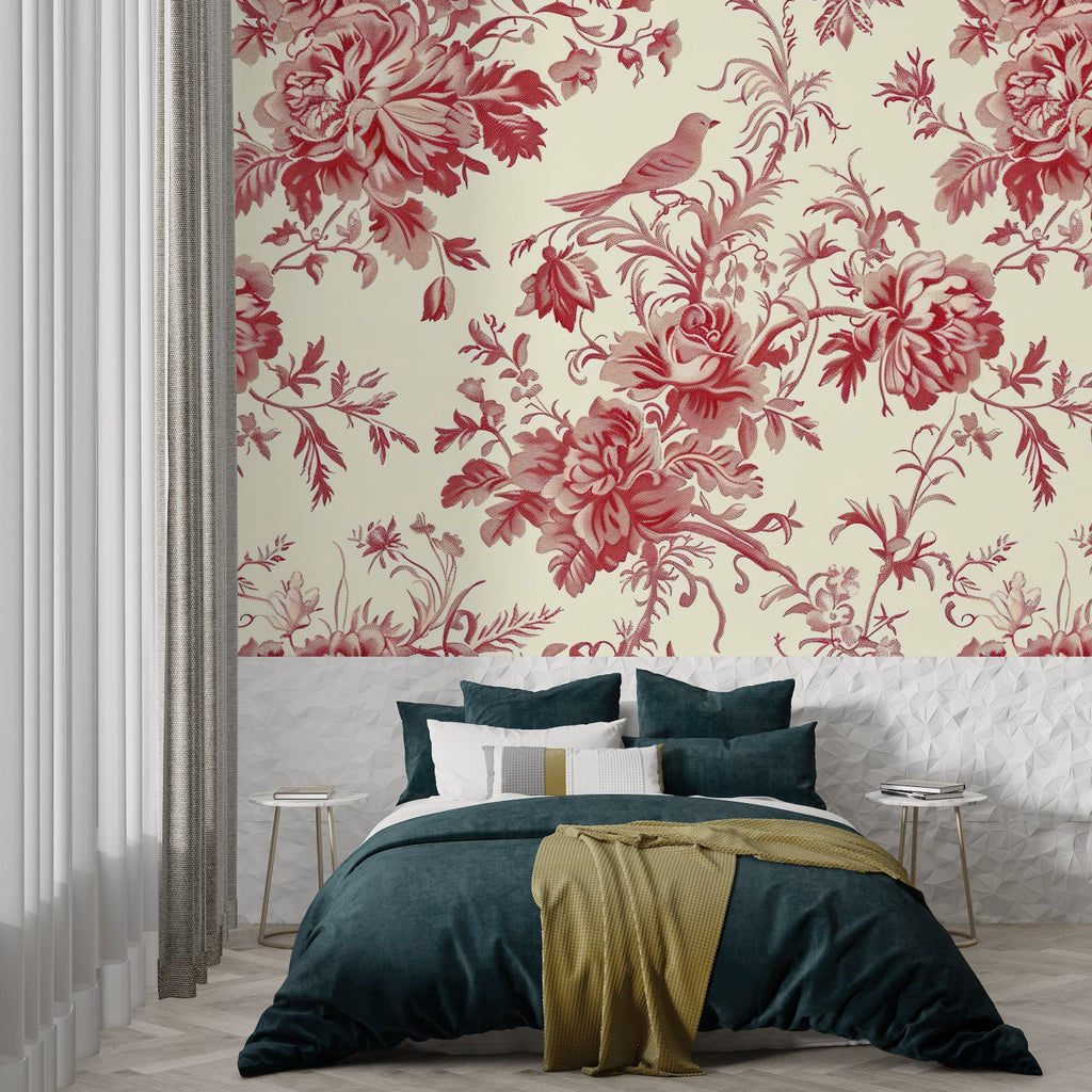 Powder room makeover with red floral toile wallpaper and brass fixtures