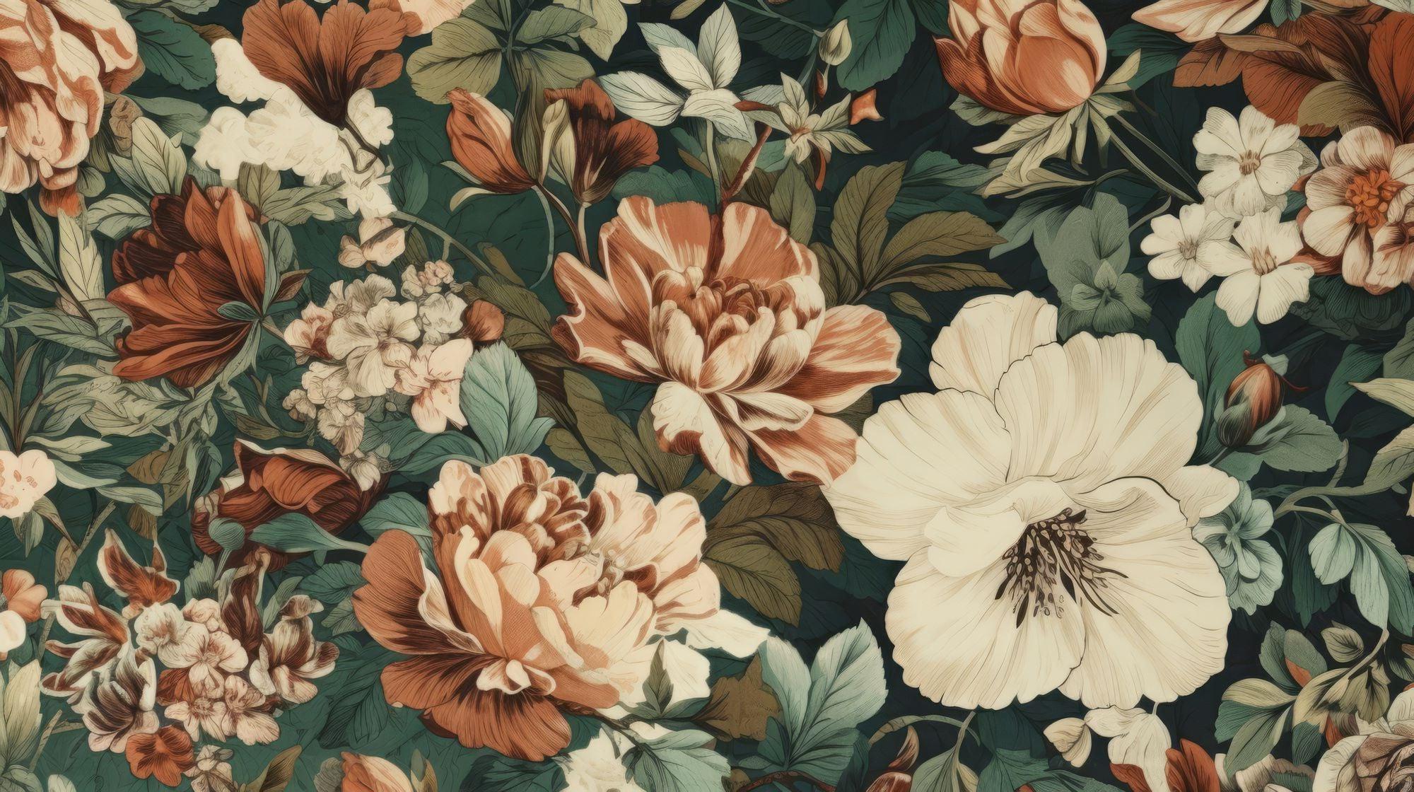 Large-scale floral design file showing detailed terracotta and cream blooms pattern on emerald background