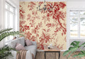 Red Toile de Jouy wallpaper in elegant dining room with crystal chandelier and white wainscoting
