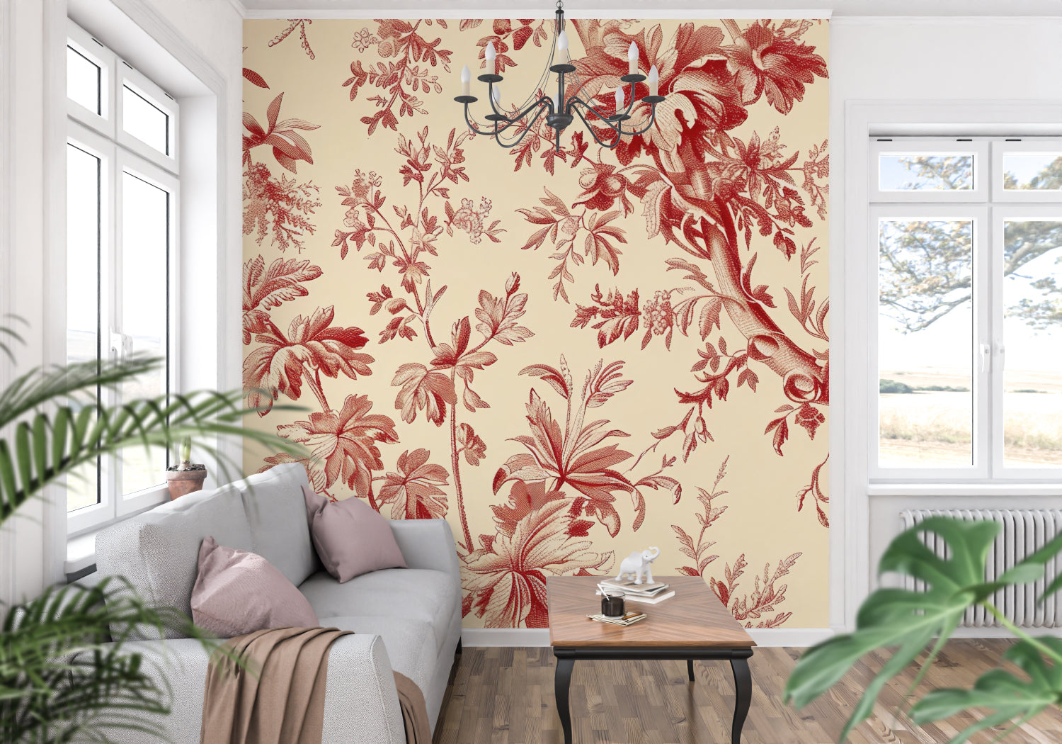 Red Toile de Jouy wallpaper in elegant dining room with crystal chandelier and white wainscoting