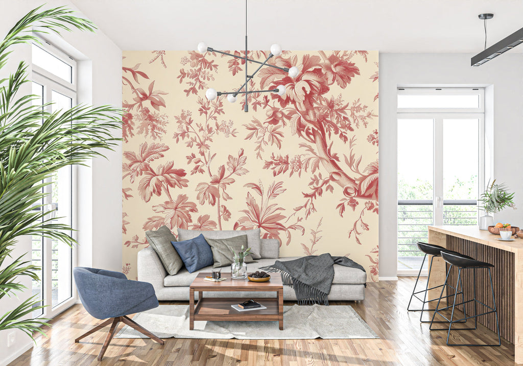 Classic home office with red floral Toile wallpaper and antique wooden desk