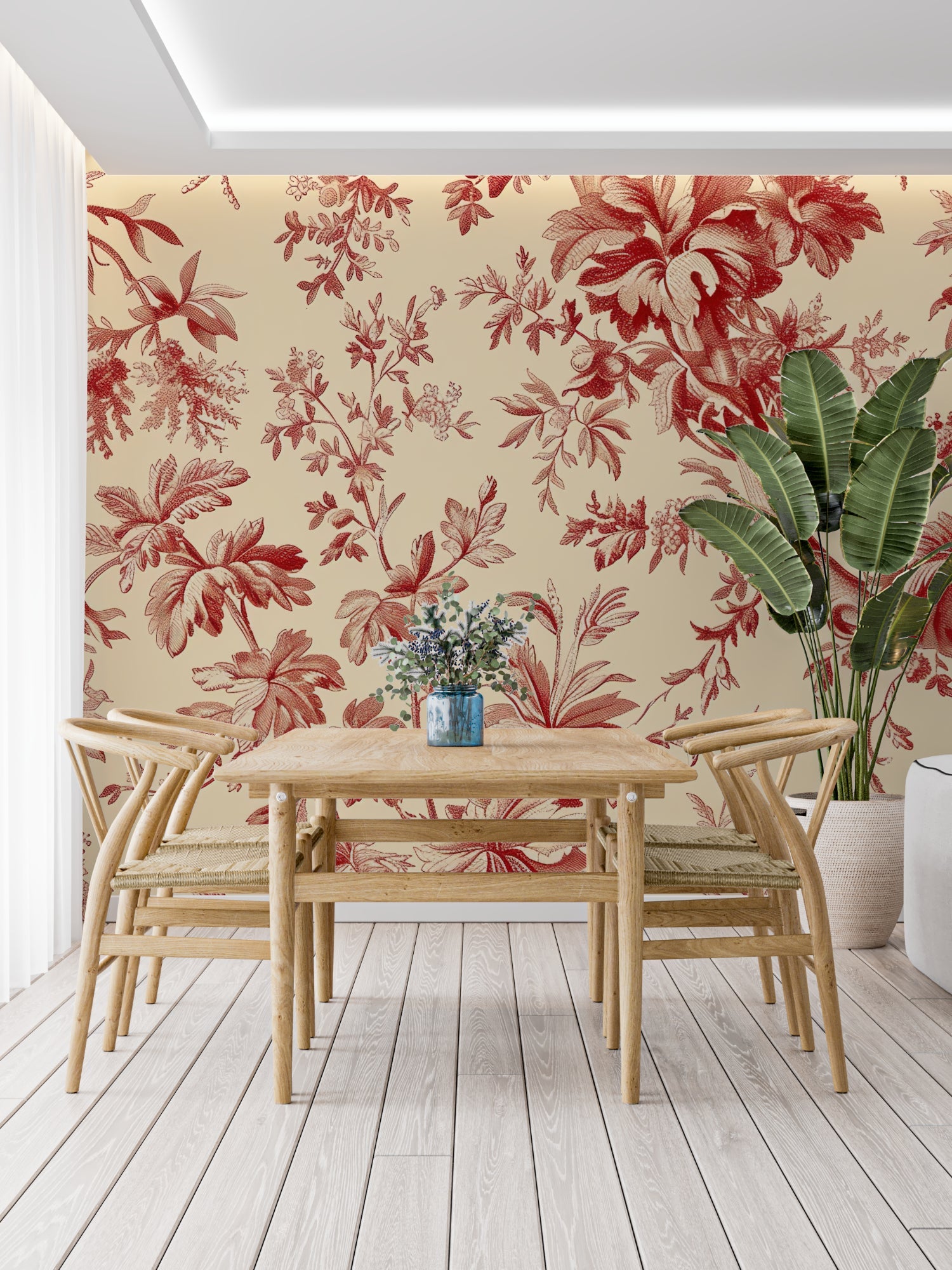 Powder room makeover with vintage red Toile de Jouy wallpaper and gold fixtures