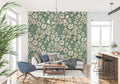 Vintage floral wallpaper with white daisies bringing fresh garden style to a modern living room