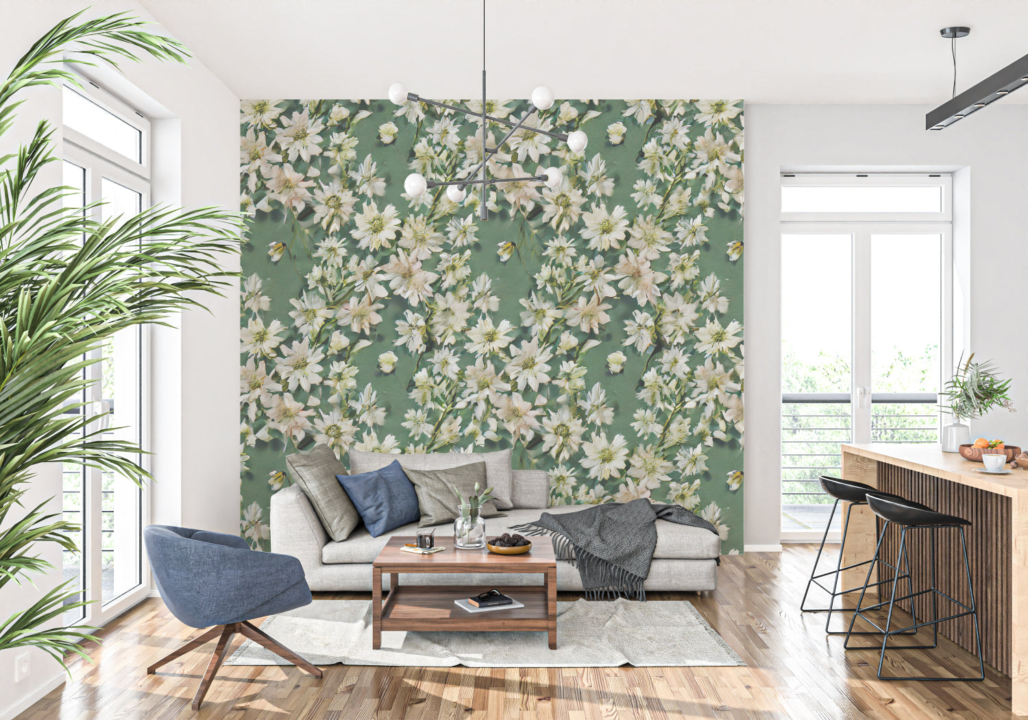 Vintage floral wallpaper with white daisies bringing fresh garden style to a modern living room