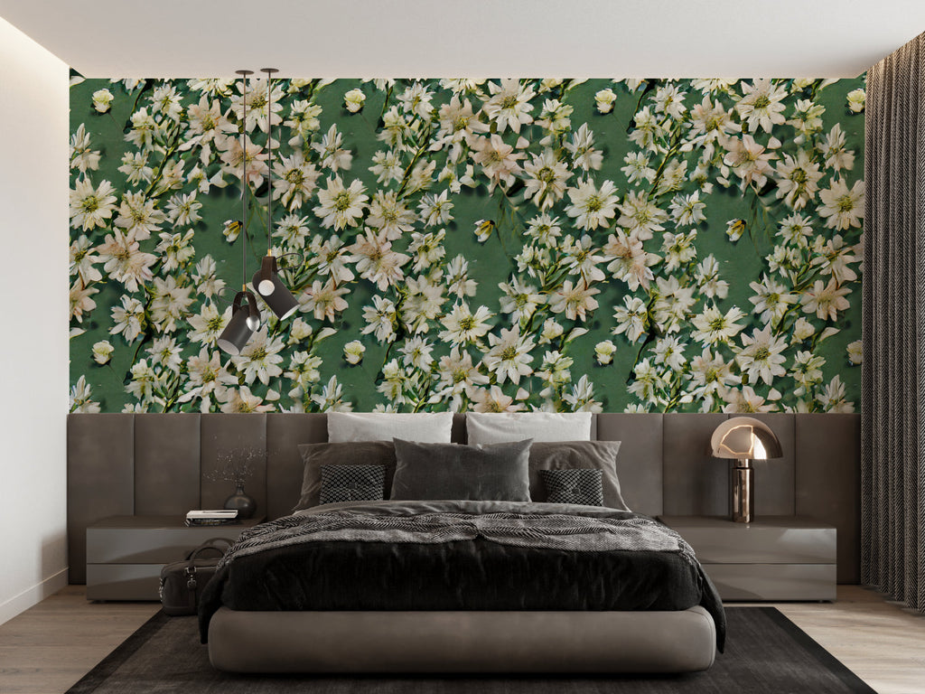 White daisy wallpaper creating a peaceful atmosphere in a bright bedroom