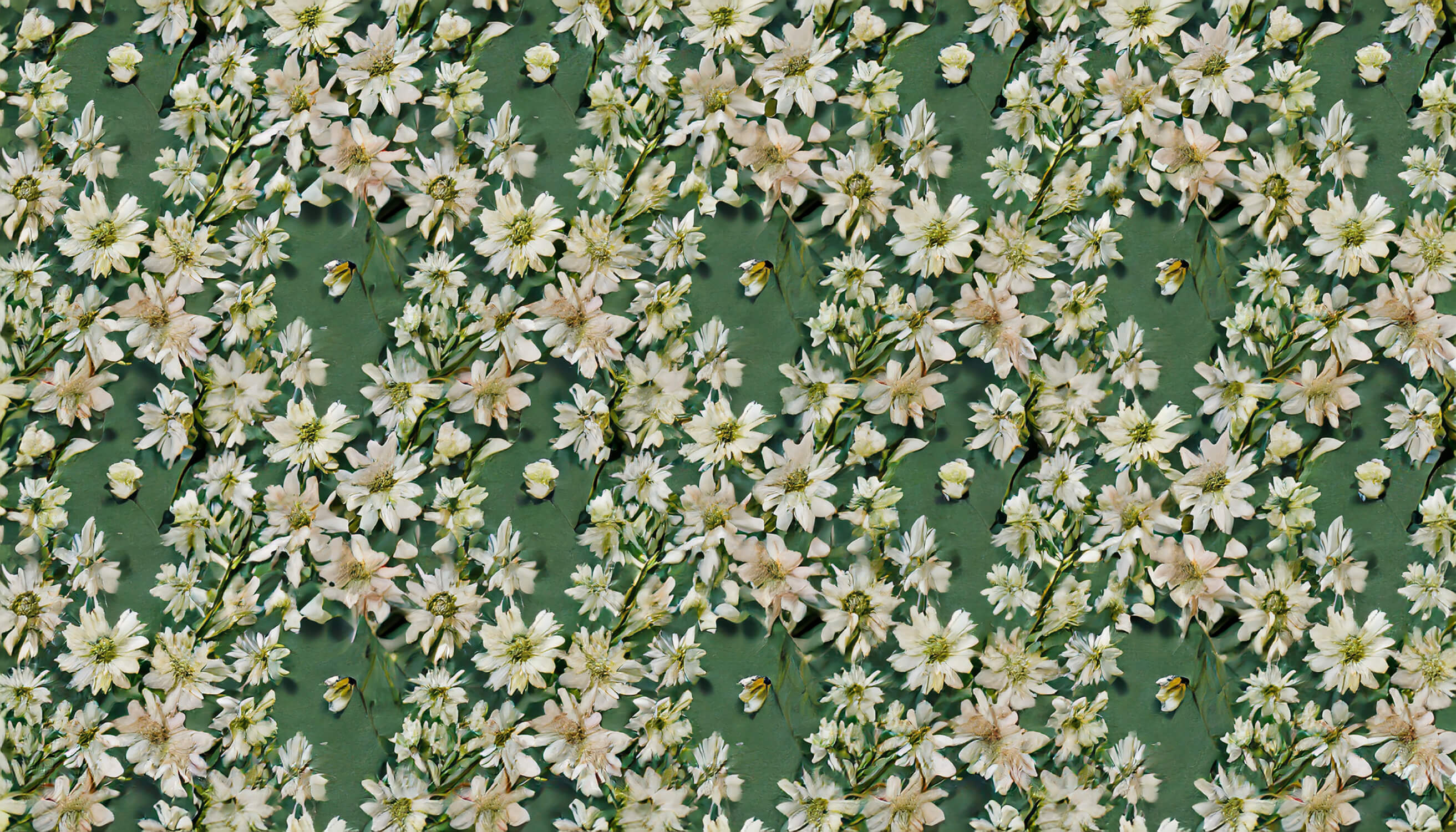 Design file showing detailed white daisies pattern on sage green background