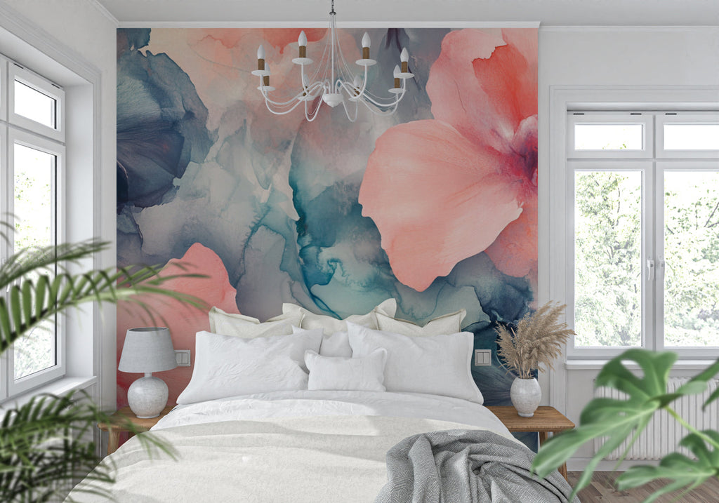 Abstract watercolor wallpaper bringing color to minimalist dining room