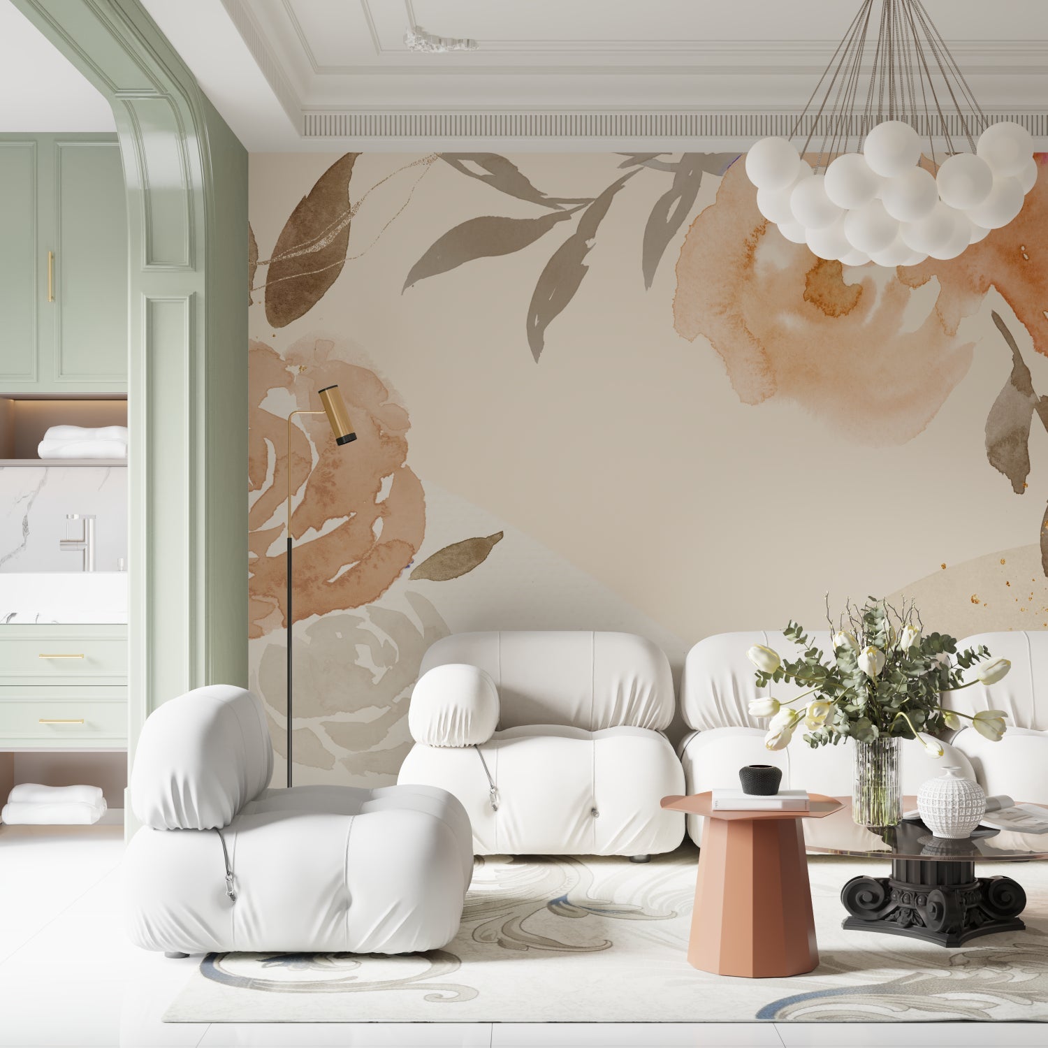 Beige floral wallpaper creating a peaceful atmosphere in a modern living room