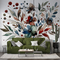 Watercolor floral wallpaper in modern living room showing blue and red blooms creating a peaceful atmosphere