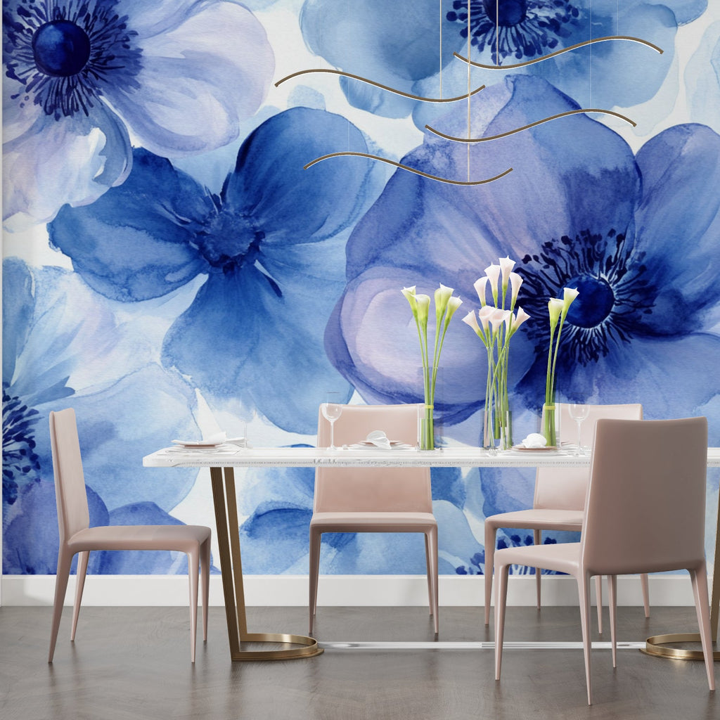 Watercolor floral mural brightening master bedroom with soft blue tones