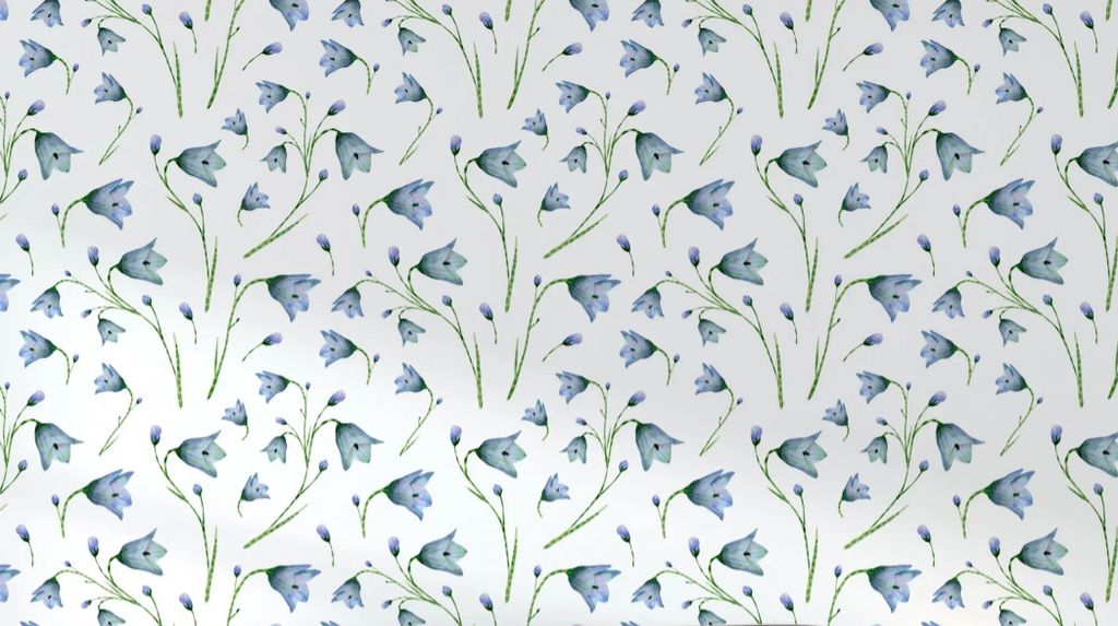 Design file of watercolor blue bellflowers pattern showing intricate botanical details