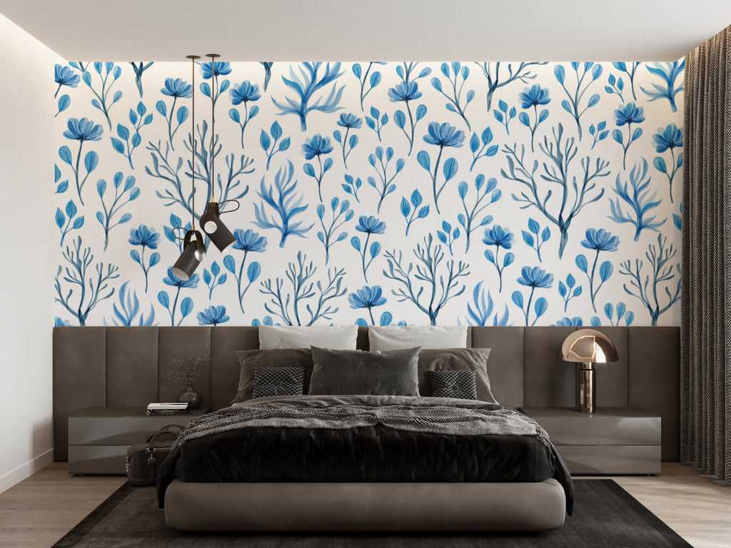 Blue botanical mural adding fresh style to a home office space