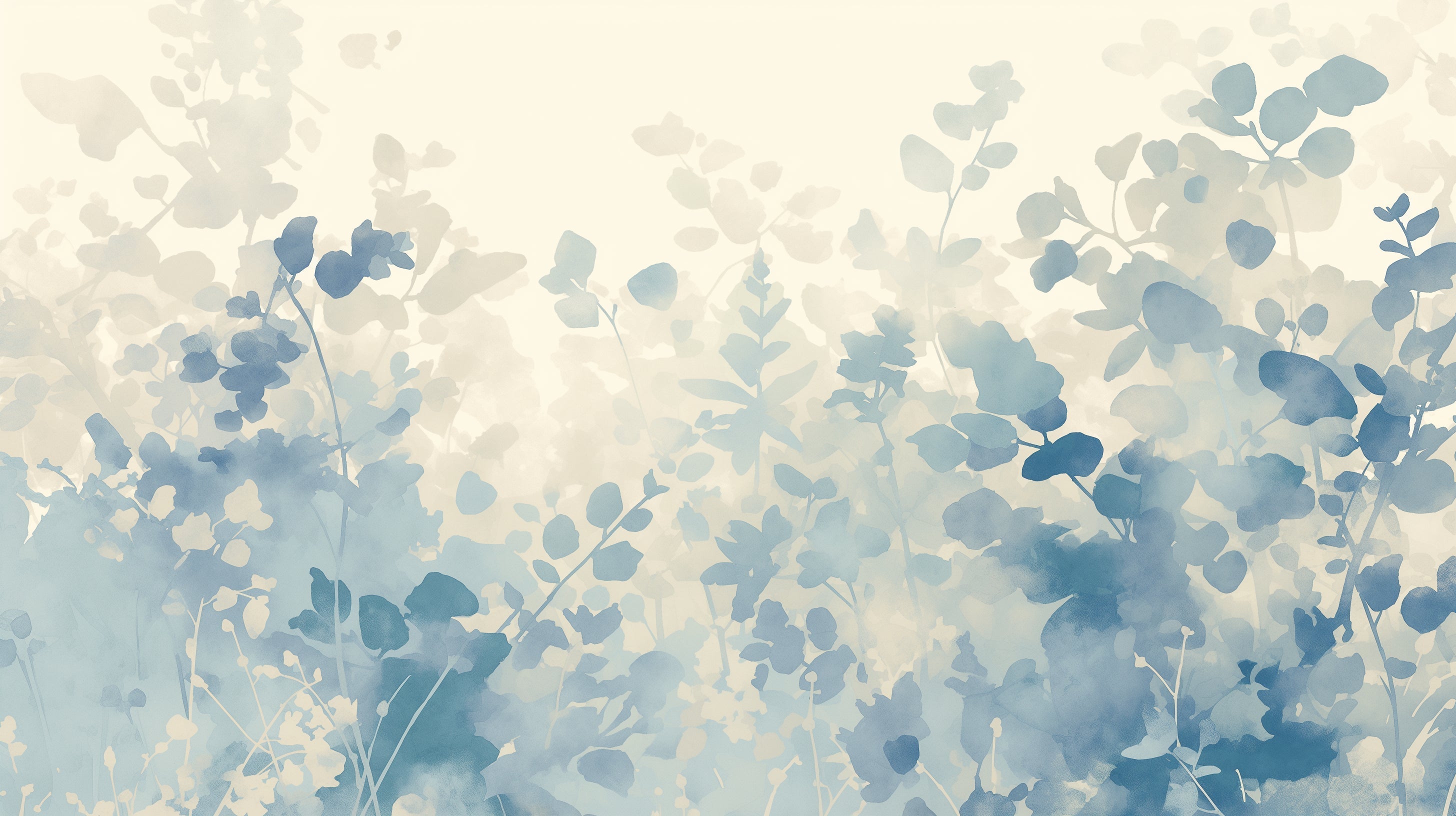 Blue eucalyptus watercolor wallpaper in modern living room creating serene atmosphere