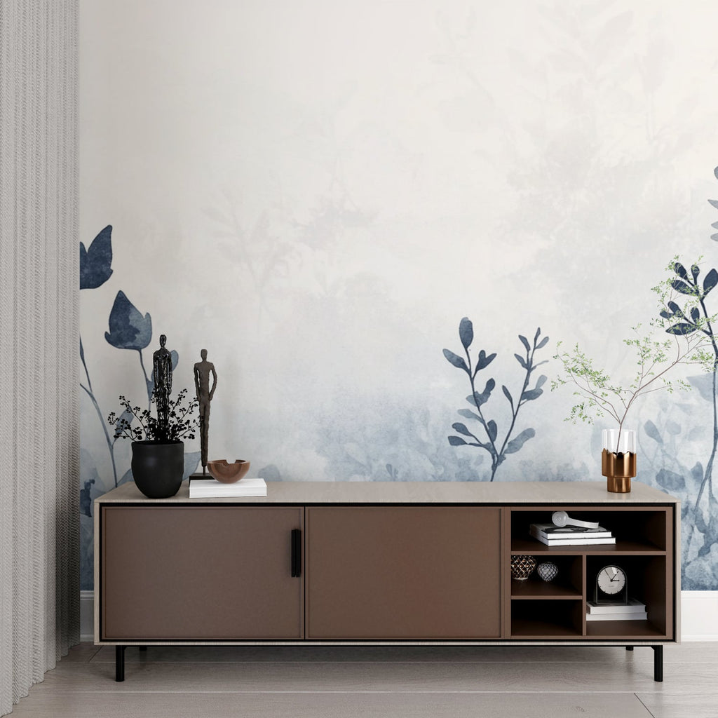 Blue floral wallpaper bringing calm to home office setting