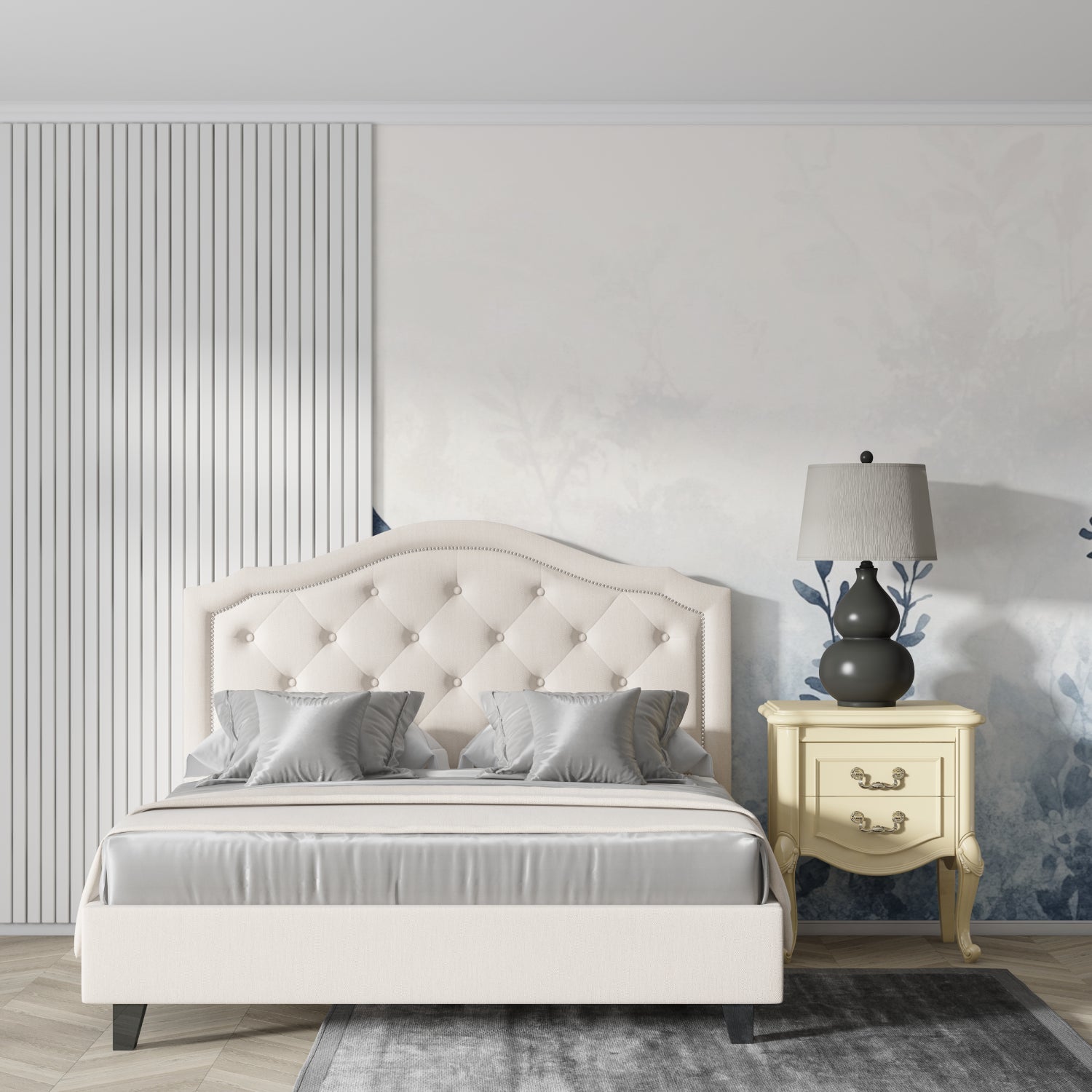 Watercolor leaf pattern mural featured in dining room with modern furniture