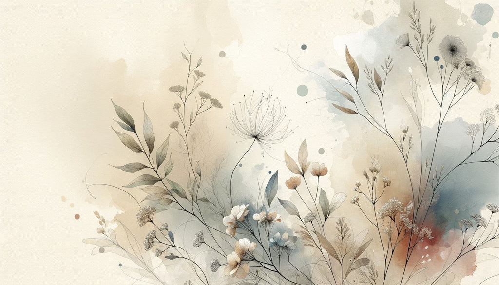 Botanical watercolor wallpaper design file showing delicate beige and blue floral pattern