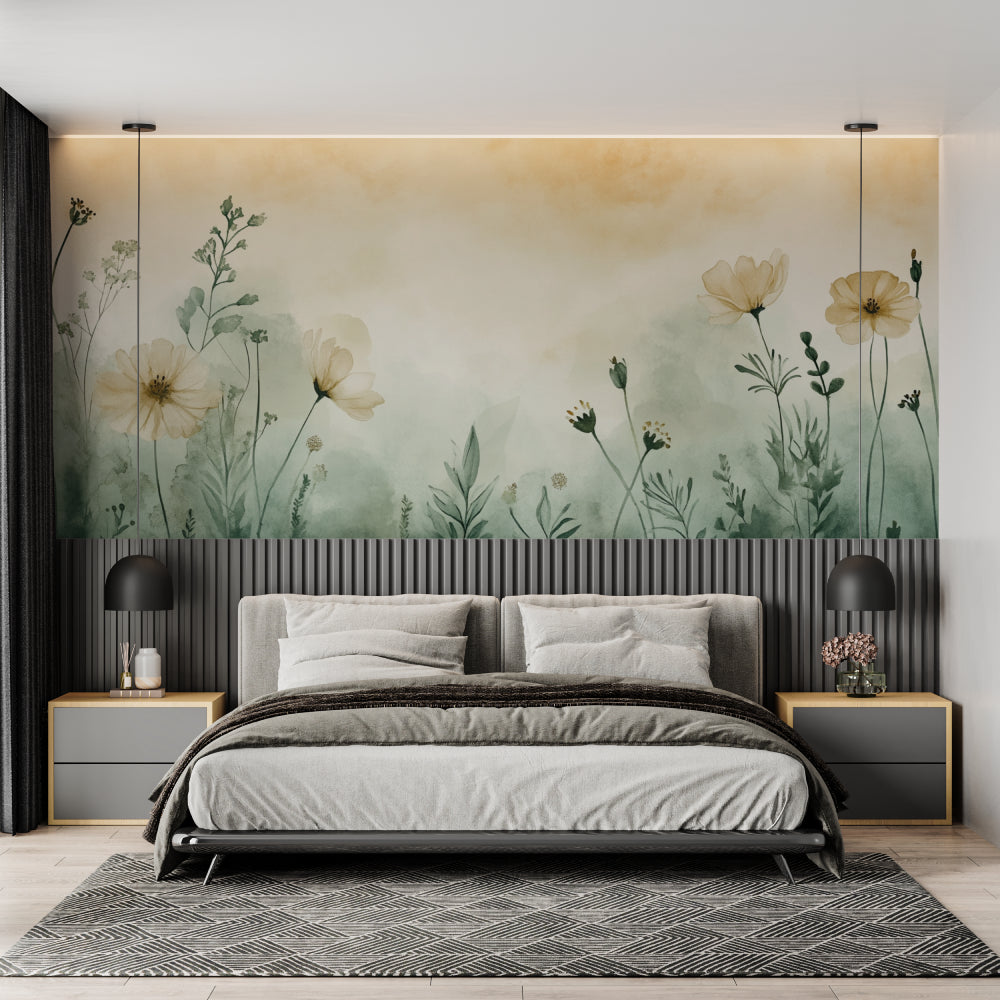 Botanical wallpaper design enhancing a minimalist dining room with soft colors