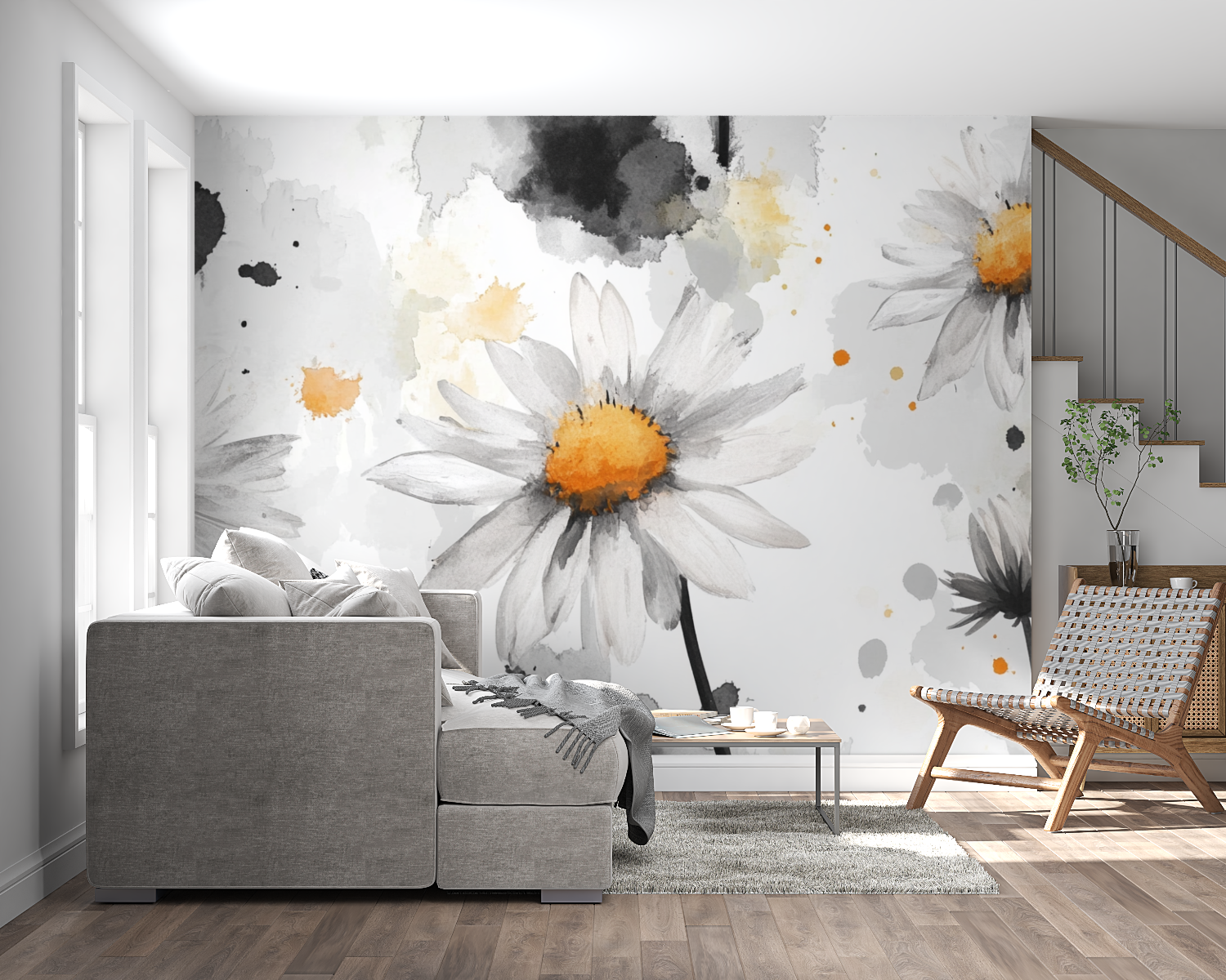 Daisy watercolor wallpaper in home office with natural lighting