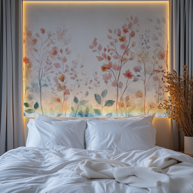 Watercolor Floral Wallpaper in bright modern living room with natural light and white furniture