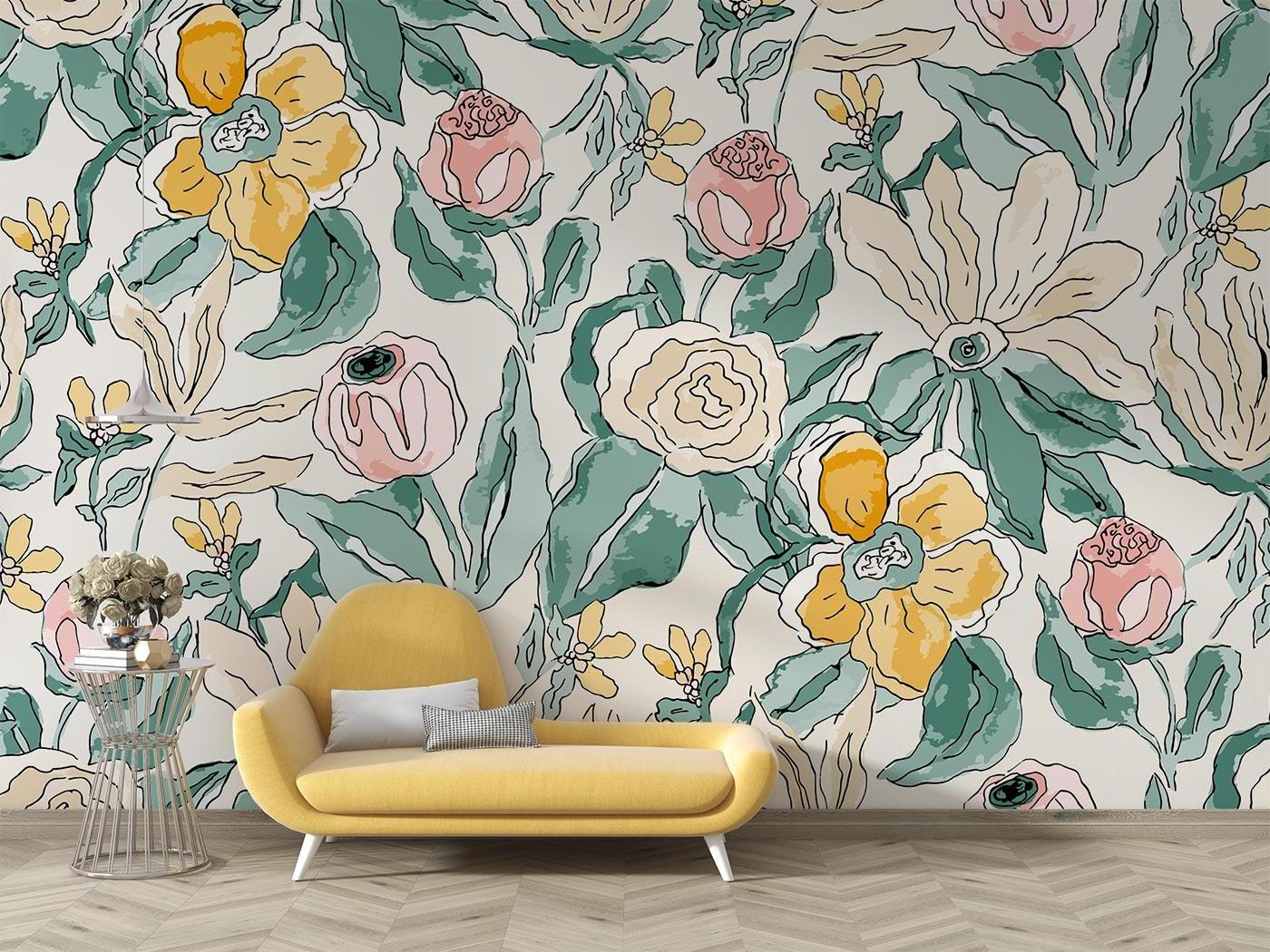Pink and yellow flower wallpaper in master bedroom creating soft, romantic atmosphere