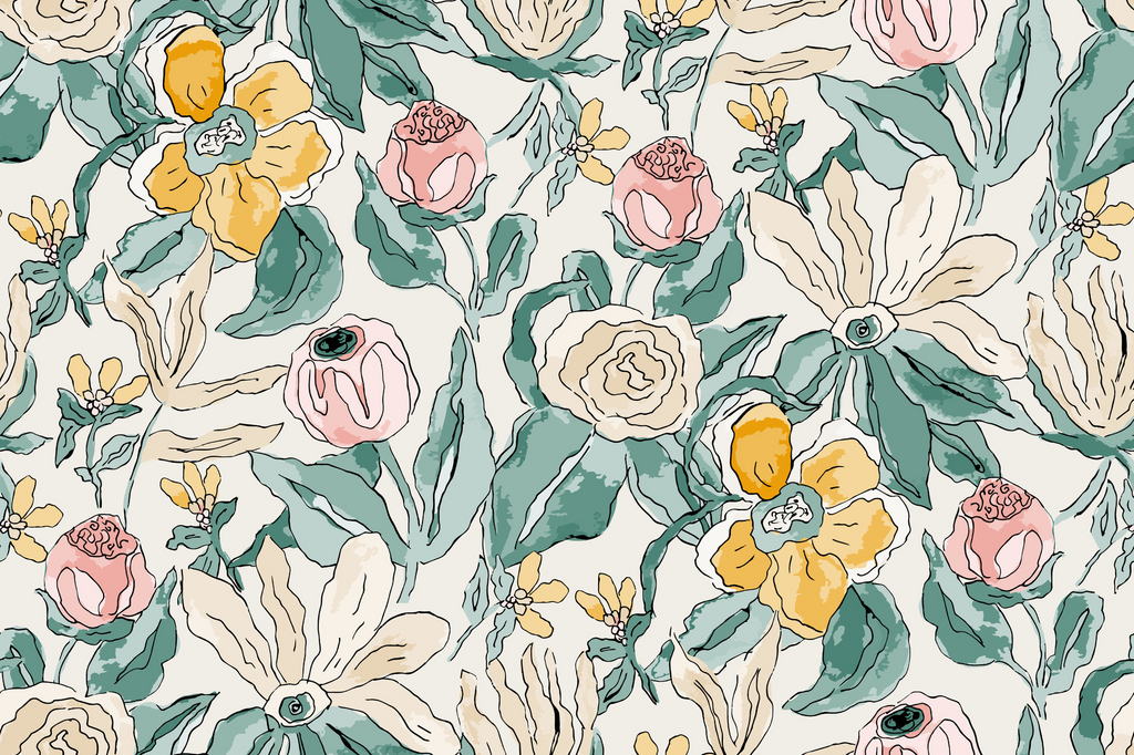 Watercolor garden design file showing detailed pink roses and yellow blooms pattern