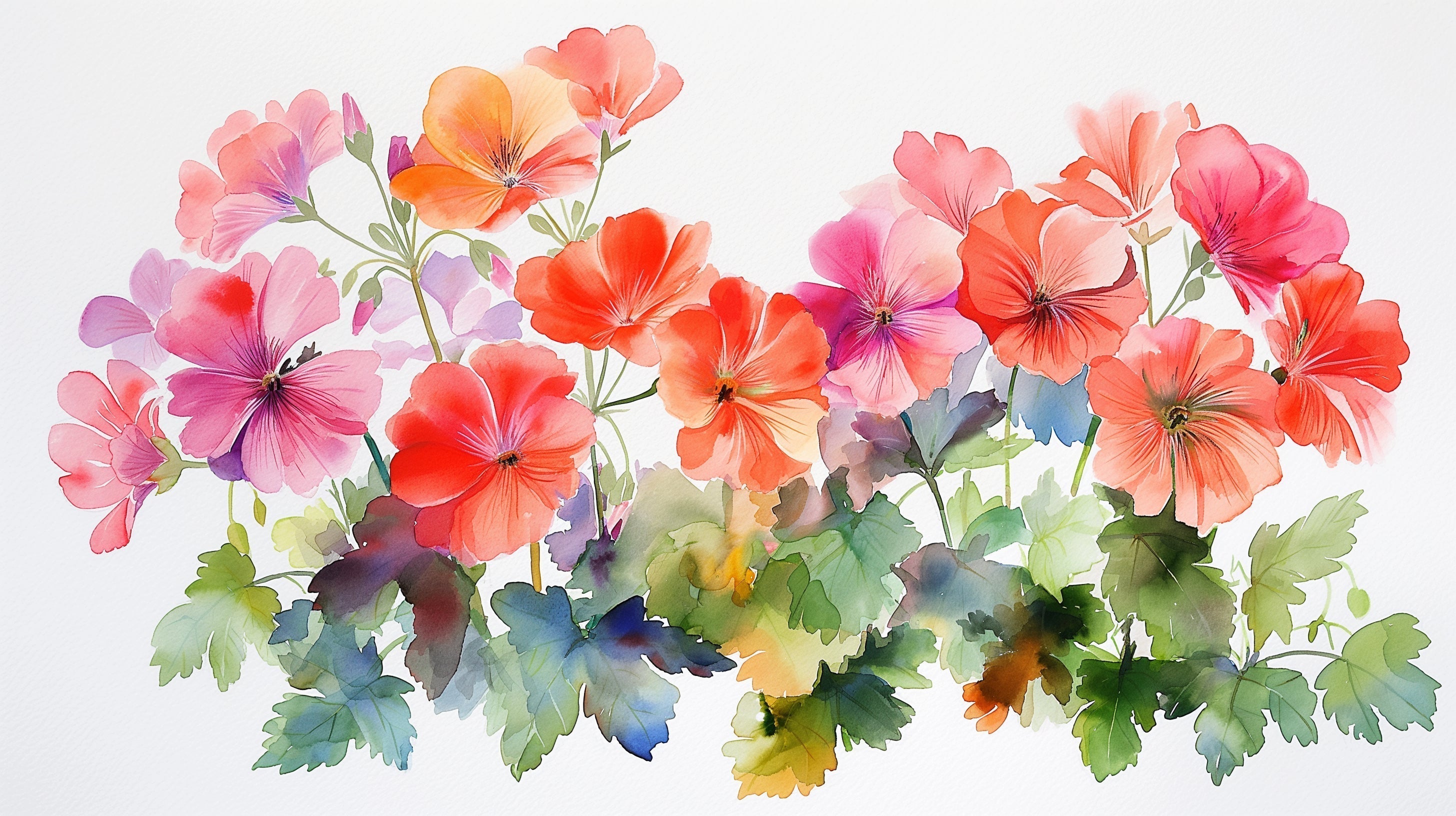 Watercolor geranium design file showing detailed coral and pink blooms with green foliage pattern