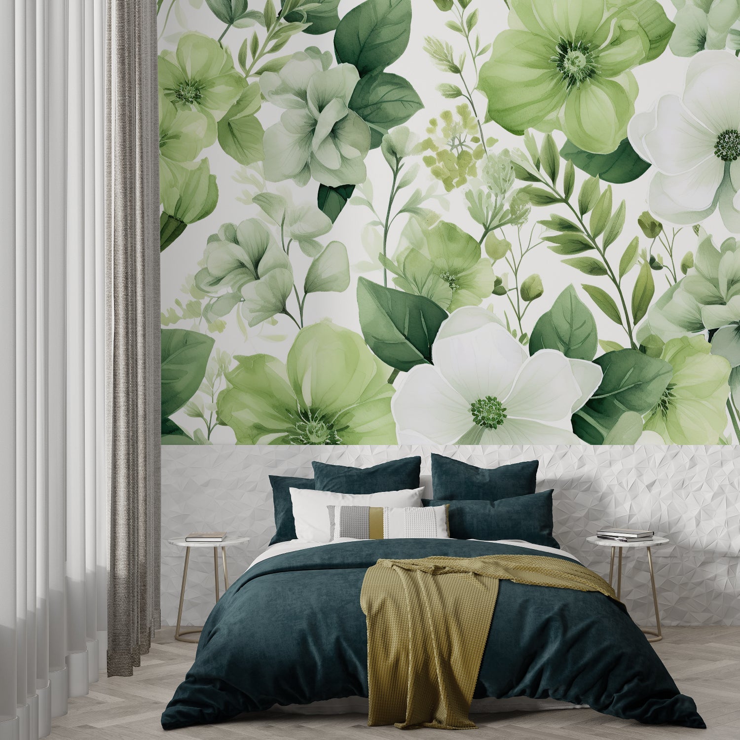 Botanical wall mural brightening master bedroom with soft green tones