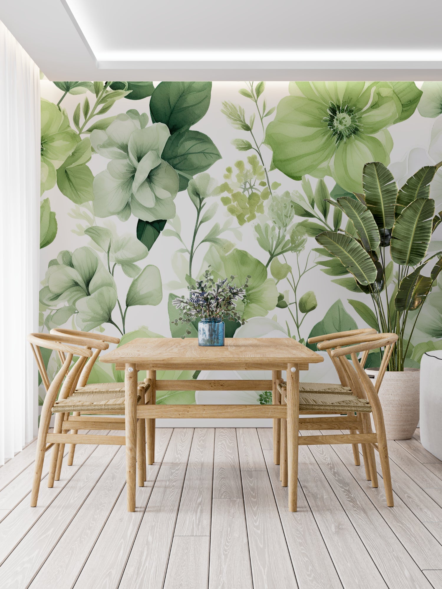 Watercolor floral wallpaper adding life to home office space