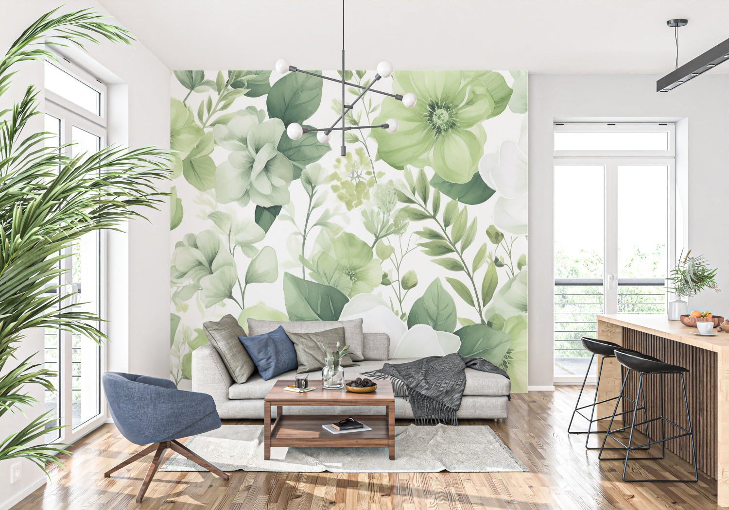 Green botanical wallpaper making dining room feel fresh and natural