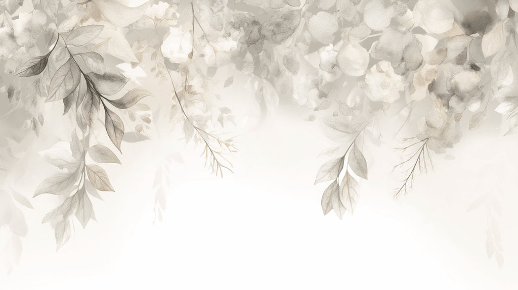 Grey and beige floral wall mural creating calm atmosphere in master bedroom