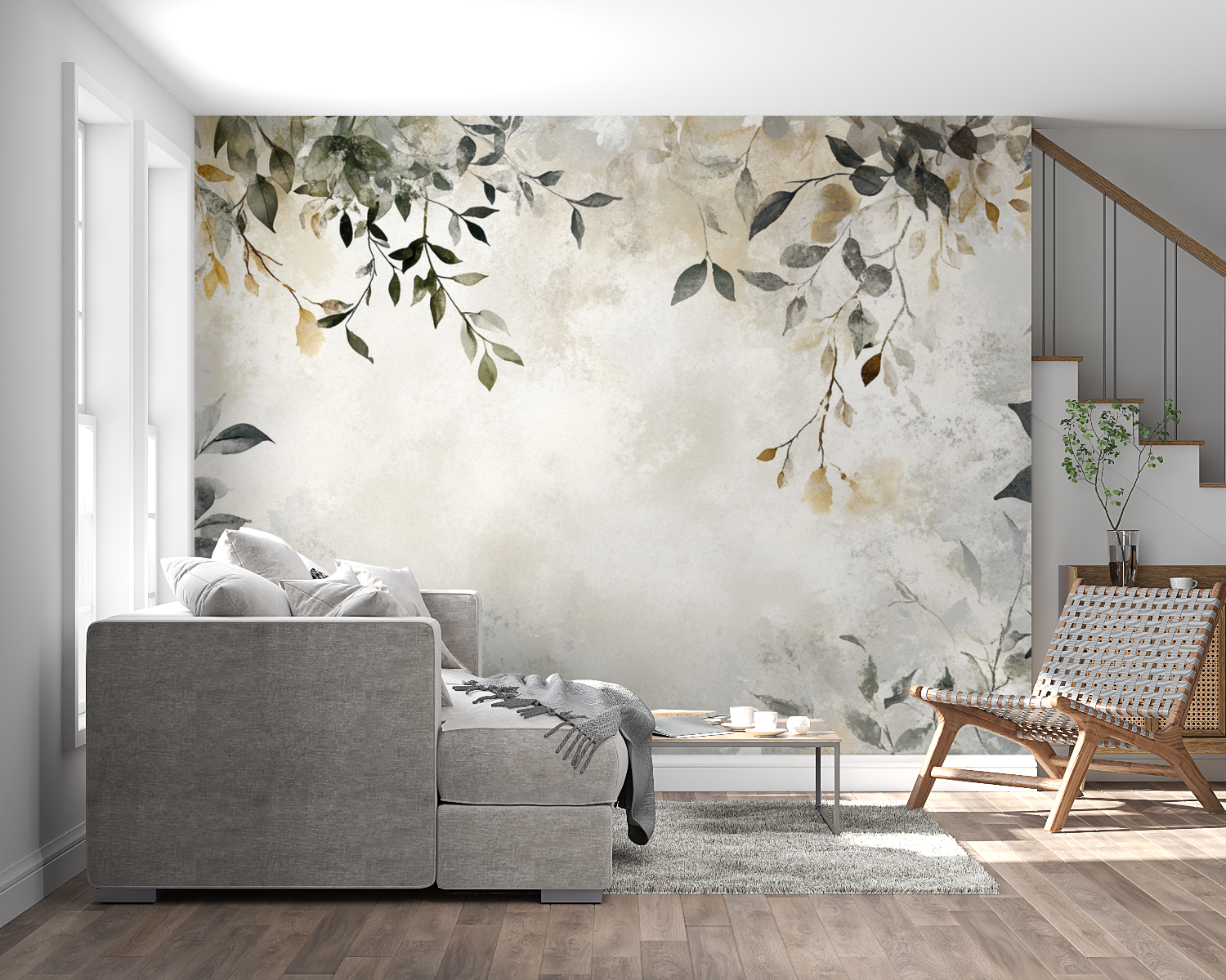 Beige and grey leaf wallpaper creating depth in an entrance hallway