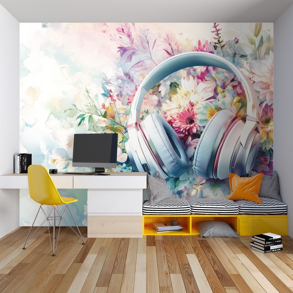 Creative studio space with musical floral wallpaper creating an artistic atmosphere